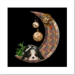 Steampunk moon with little puppy clocks and gears Posters and Art